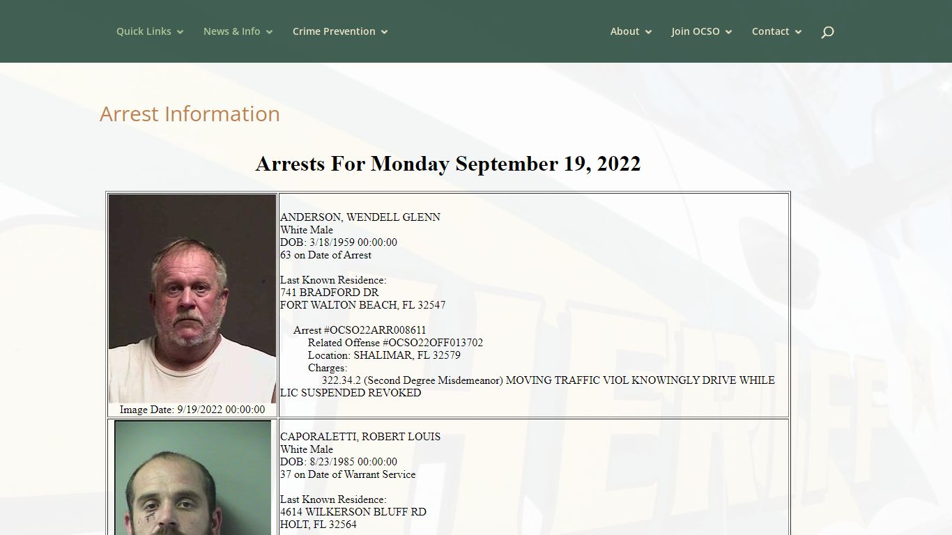 Arrest Information | Okaloosa County Sheriff's Office